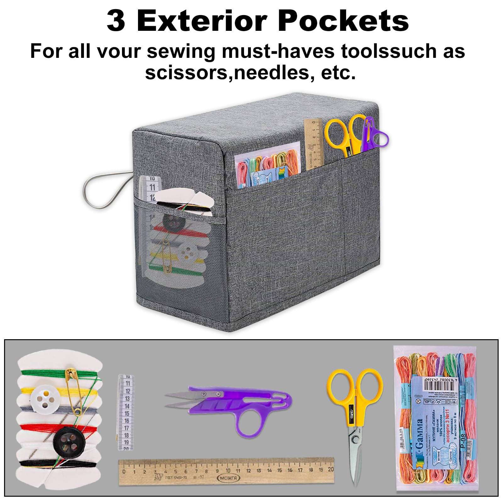 Sewing Machine Cover, Protective Cover with Storage Pocket and Side Handles, Sewing Machine Cover Dust Cover for Most Standard Sewing Machine etc, Printed Sewing Patterns(Grey)