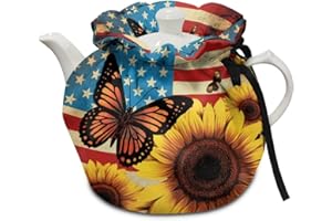 Wanzuoeng American Flag Sunflower Butterfly Printed Tea Cozy for Teapot, Stain Resistant Kitchen Tea Pot Dust Cover, Keep Warm Home Decorative Tea Cosy for Restaurant Office Table