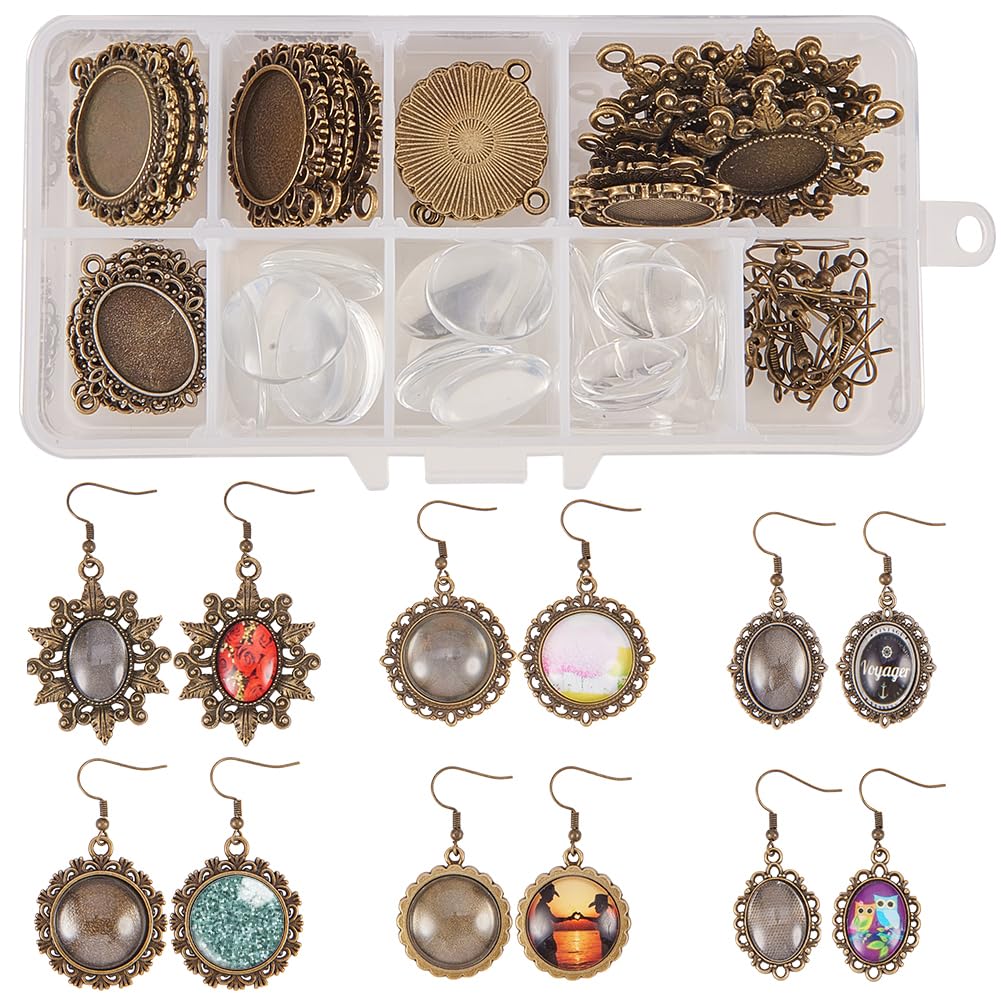 SUNNYCLUE 1 Box DIY 12 Pairs 6 Style Dangle Cabochon Earrings Making Starter Kits Include Earring Wire Hooks, Cabochon Settings, Round Oval Glass Dome Tiles, Antique Bronze