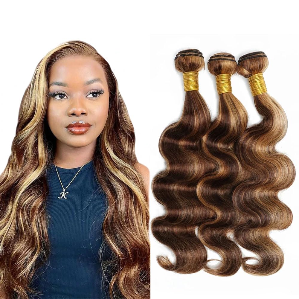 Photo 1 of #P4/27 Human Hair Bundles Ombre Brown Body Wave Bundle Highlight Honey Blonde 3 Bundles 150G Deals 18 20 22 Inch Unprocessed Brazilian Remy Hair Extensions For Women