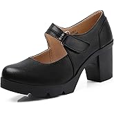 DADAWEN Women's Leather Classic Mid Heel Mary Jane Square Toe Oxfords Platform Dress Pumps Shoes