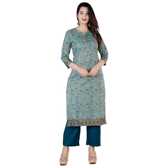 Women's Cambric Cotton Printed Casual Wear Straight Kurti and Pant(Green)