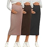Huukeay 3 Pack Women's Maternity Skirt Over The Belly Adjustable Midi High Waisted Ribbed Stretchy Pregnancy Pencil Skirt