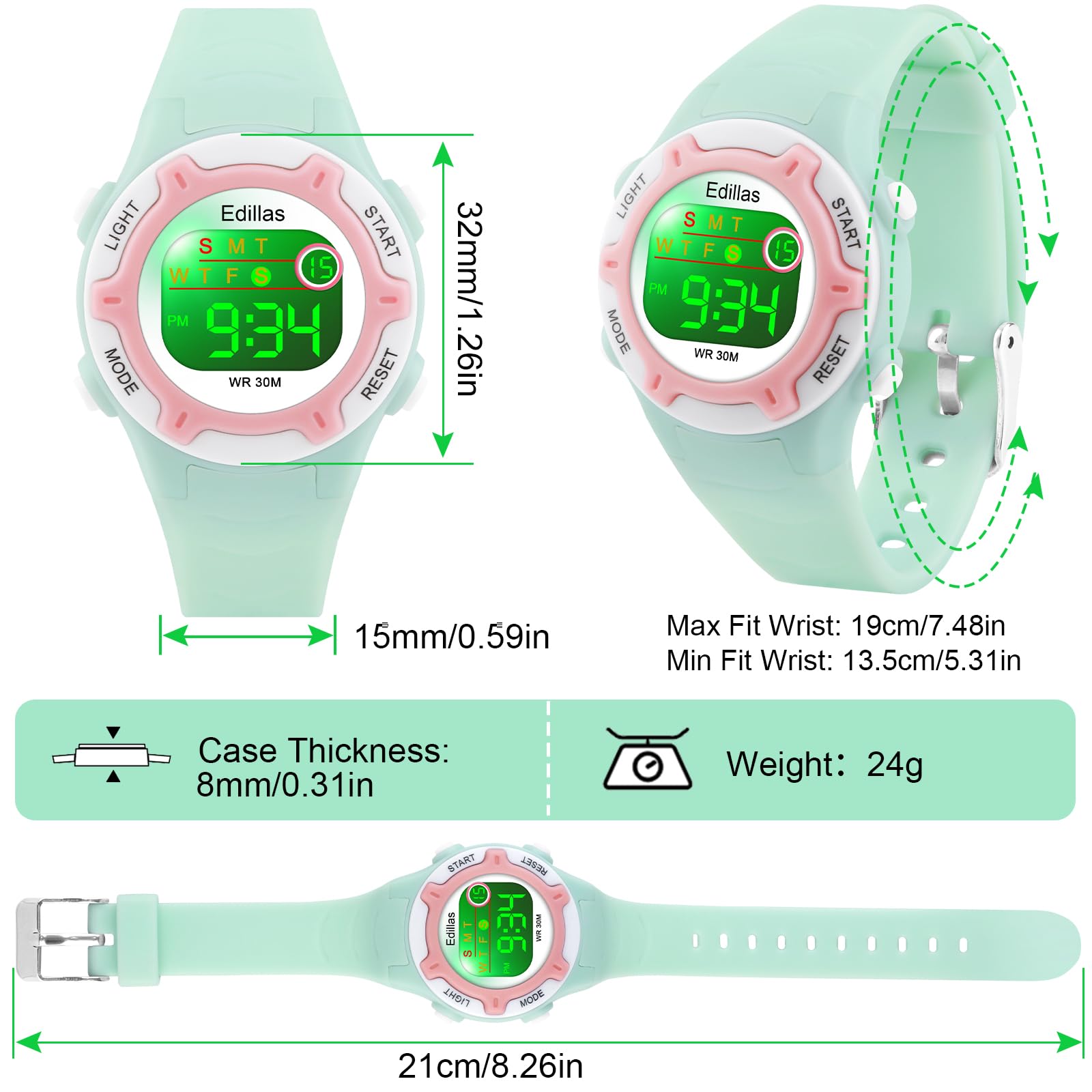 Edillas Kids Watches Digital Girls Boys,7 Colors Light Wristwatch for Child Waterproof Sport Outdoor Multifunctional with Stopwatch/Alarm for Ages 4-15 Green