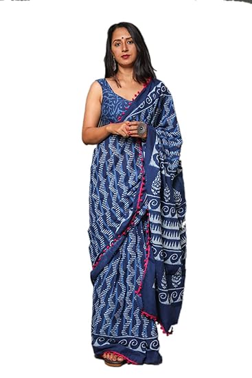 Woman Hand Block Cotton Mulmul Saree with Blouse (Jaipuri Print)