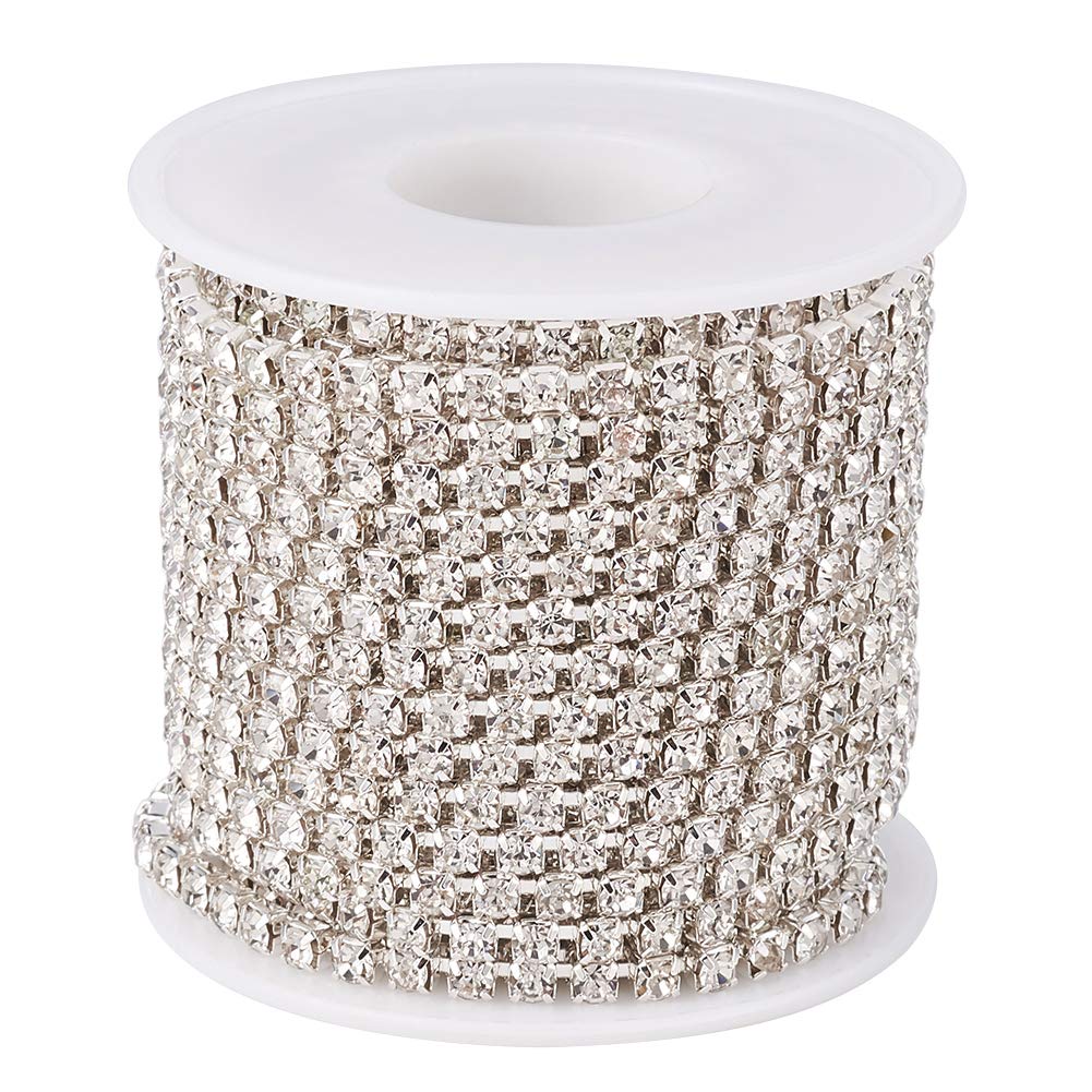 PandaHall 10 Yards/Roll 3.5mm Crystal Rhinestone Diamante Chain SS16 Silver Base Trimming Sewing Stone Beads String