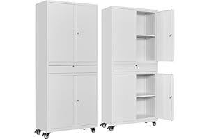 SISESOL White Metal Storage Cabinet with 4 Wheels and 1 Drawer,Rolling Garage Cabinet with Locking Doors and Adjustable Shelves,73" Mobile Tall Large Metal Cabinet for Home,Office,Garage,Shop
