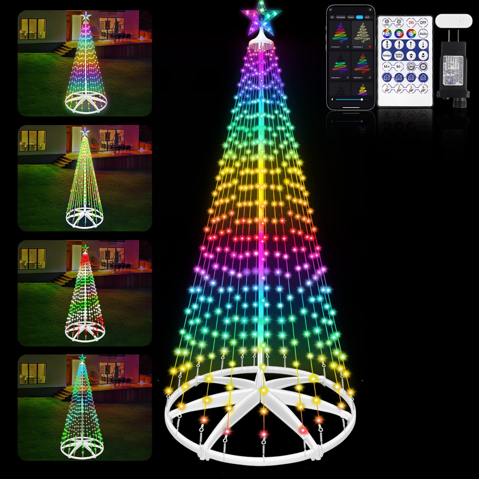 Photo 1 of (BROKEN STARS) 8ft 388 LED Smart LED Christmas Cone Tree Light, Lighted Artificial Tree with Star Topper, Music Sync with Remote APP Control, DIY RGB Light Show Trees for Xmas Indoor Outdoor Decorations(***READ CLERK COMMENTS**)