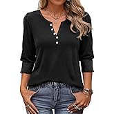 Tankaneo Womens 3/4 Sleeve Tops henley V Neck Button Down Smocked Cuff T Shirts Dressy Casual Loose Fit Blouses