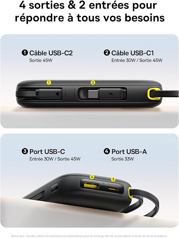 Powerbank 20000mAh 45W avec 2 Câbles USB-C Intégrés, Power Bank PD3,0 QC4,0 Batteries Externes Charge Rapide, 3C et 1 A, Chargeur Portable pour iPhone 17/16/15 Pro Max, iPad, Samsung, Noir
