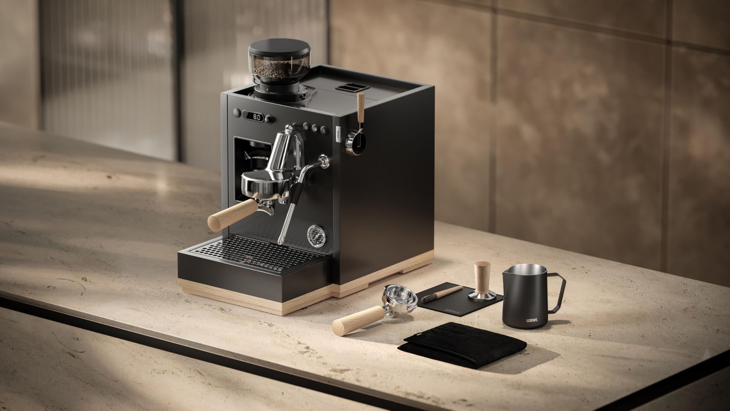 Loewe aura.pure, Espressomaschine, Siebträger mit Milchaufschäumer, mit Mahlwerk, 15-Bar-Extrakionsdruck 5