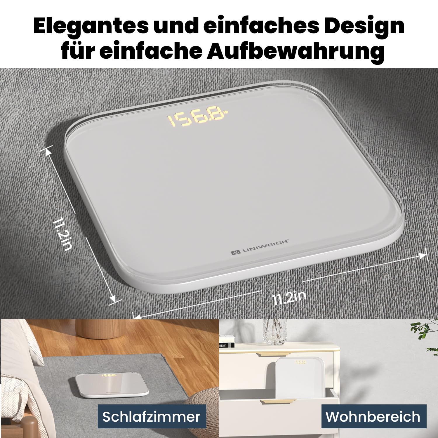 UNIWEIGH Digitale Personenwaage für Körpergewicht, hochpräzise Gewichtswaage bis zu 400lbs/180kg, Körperwaage mit stabilem gehärtetem Glas, LED-Anzeige, Step-on, 3 Einheiten und inkl. Batterien, weiß 6