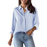 Aoudery Womens Button Down Shirts Cotton Striped Dress Shirt Long Sleeve Collared Office Work Pinstripes Blouses Tops