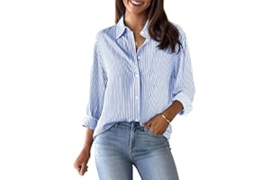 Aoudery Womens Button Down Shirts Cotton Striped Dress Shirt Long Sleeve Collared Office Work Pinstripes Blouses Tops