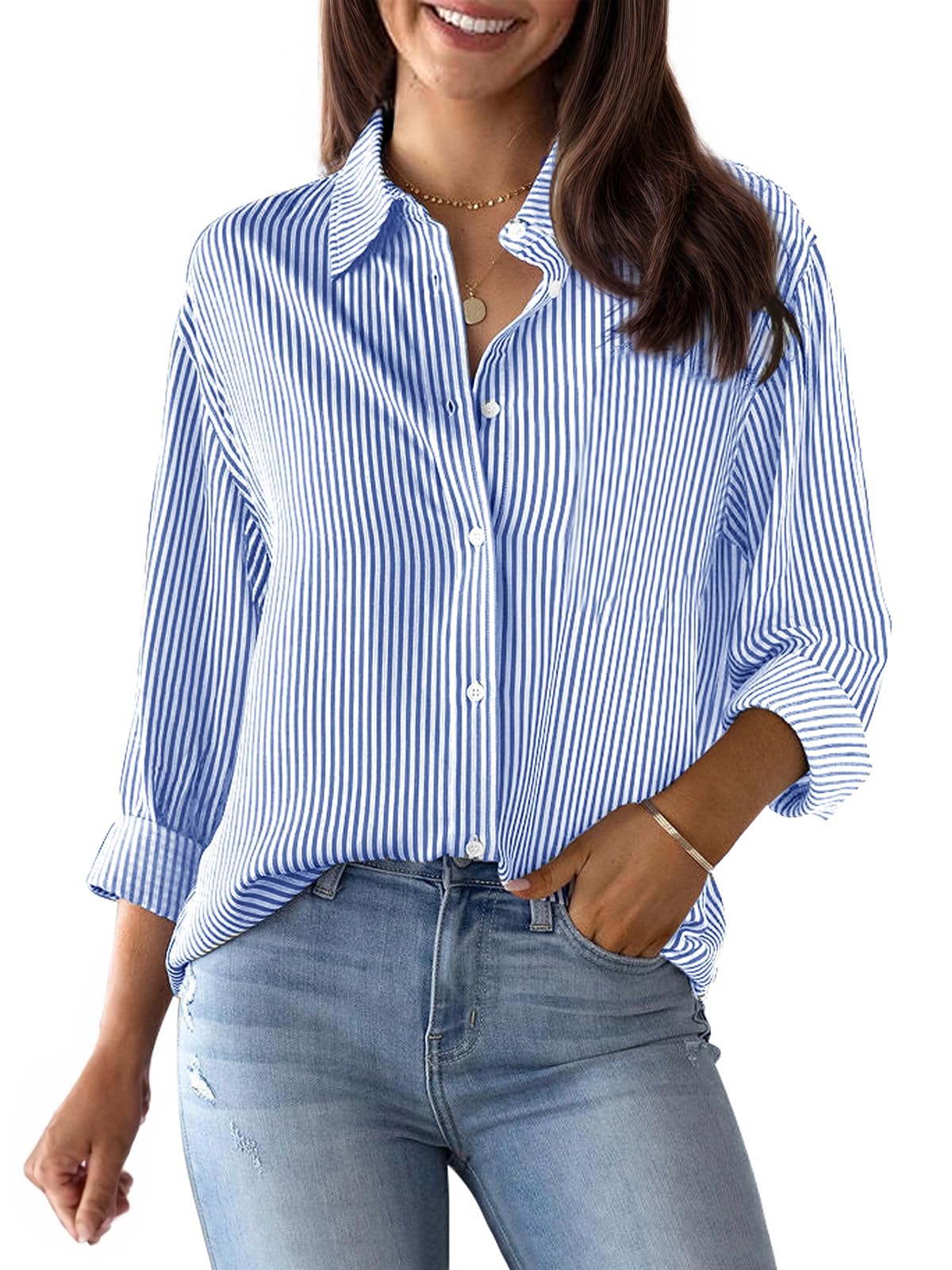 Photo 1 of Aoudery Womens Button Down Shirts Cotton Striped Dress Shirt Long Sleeve Collared Office Work Pinstripes Blouses Tops-Blue Pinstripe-Small