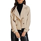 luvamia Cropped Trench Coat for Women Long Sleeve Double Breasted Notched Lapel Casual Loose Fit Jackets with Pockets