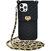 LUVI Crossbody Compatible with iPhone 13 Pro Max Wallet Case with Neck Strap Lanyard Credit Card Holder Purse Handbag for Women Girls Silicone Rubber Soft Protection Cover Black