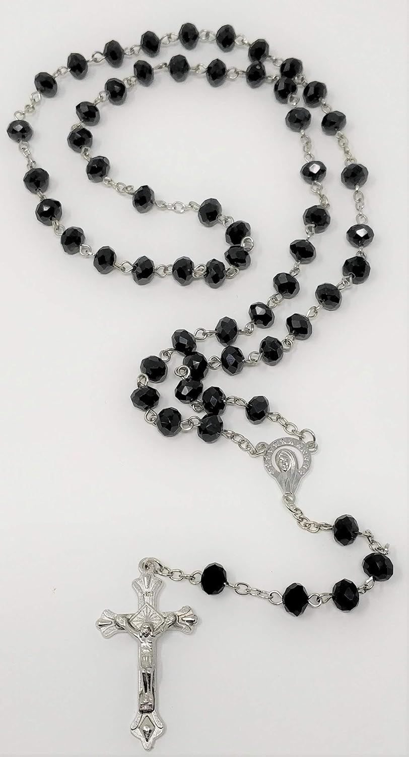 Diamond Cut Black Glass Rosary Beads Necklace with Silver Crucifix, Luxury Catholic Prayer Rosary, Faceted Crystal Beads