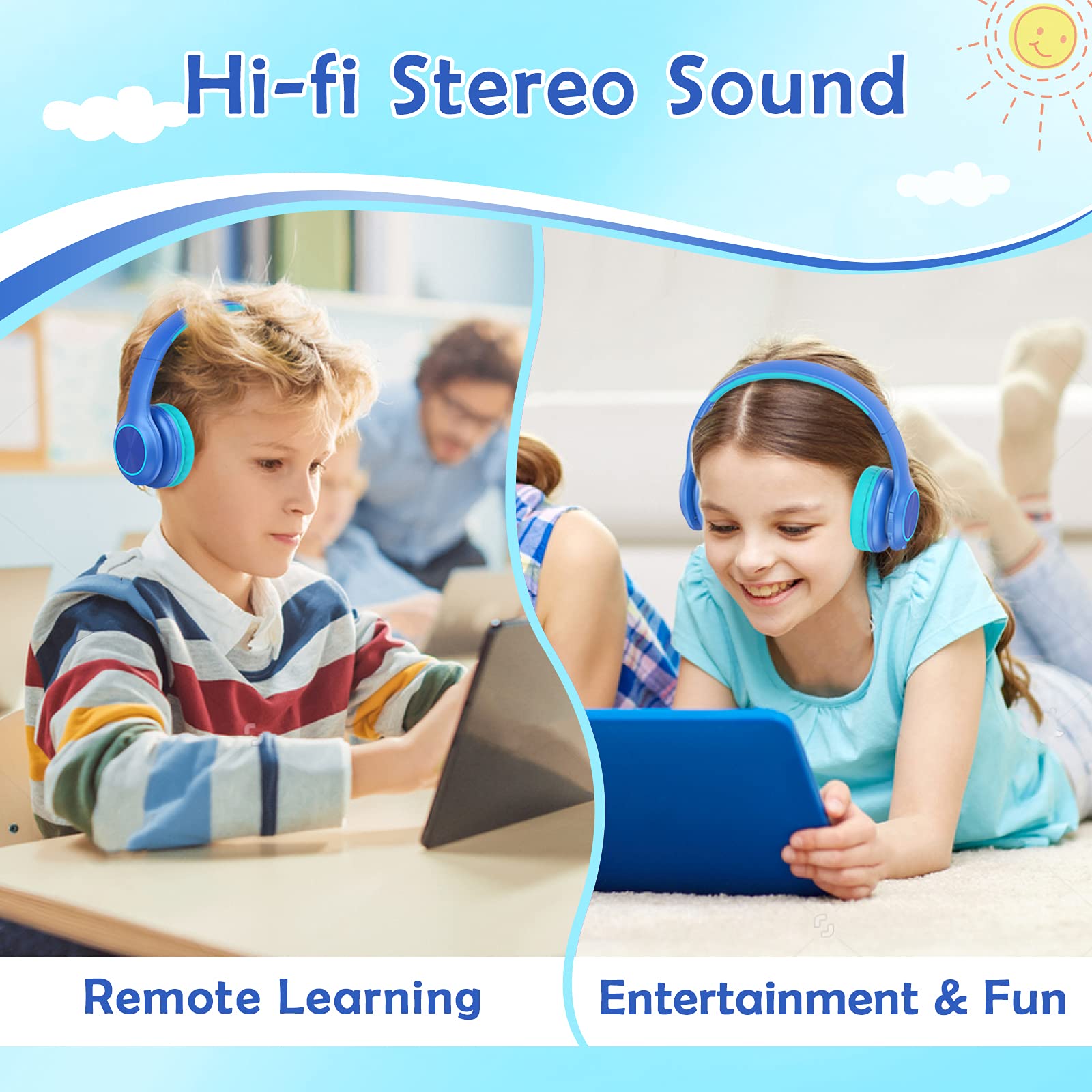 Kids Bluetooth 6.0 Headphones with LED Light, 85Hours Playtimes, Type-C Fast Charging, 85/94dB Volume Limited, Comfort Wireless Headphones with Built-in Mic, Wired & TF Card Mode, Blue