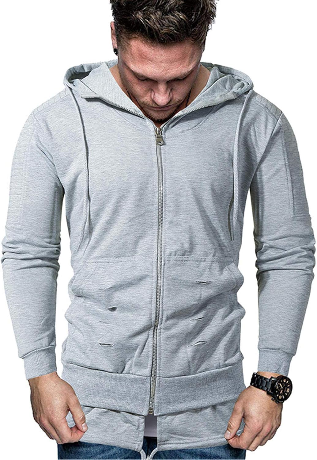 Soluo Mens Casual Slim Fit Hoodie Active Zip-up Jackets Sweatshirt Coat with Pockets - Grey 