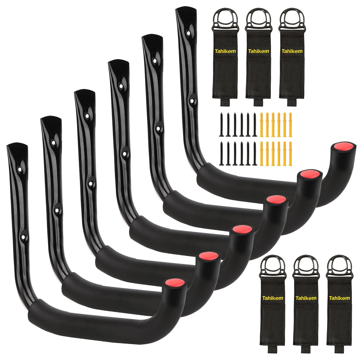 Photo 1 of Tahikem 6 Set Garage Hooks - Wall Mounted, Heavy Duty, 7 Inch Large, Extension Cord Hanger, J Hooks for Ladder, Mowers, Cable Bracket - Black