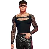 WDIRARA Men's Contrast Mesh Sheer Cut Out Long Sleeve Crop T Shirt Slim Fit Party Tee Top