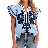 Cicy Bell Womens Ruffle Color Block Blouses Summer Casual V Neck Floral Print Tank Tops Pleated Loose Fit Shirts