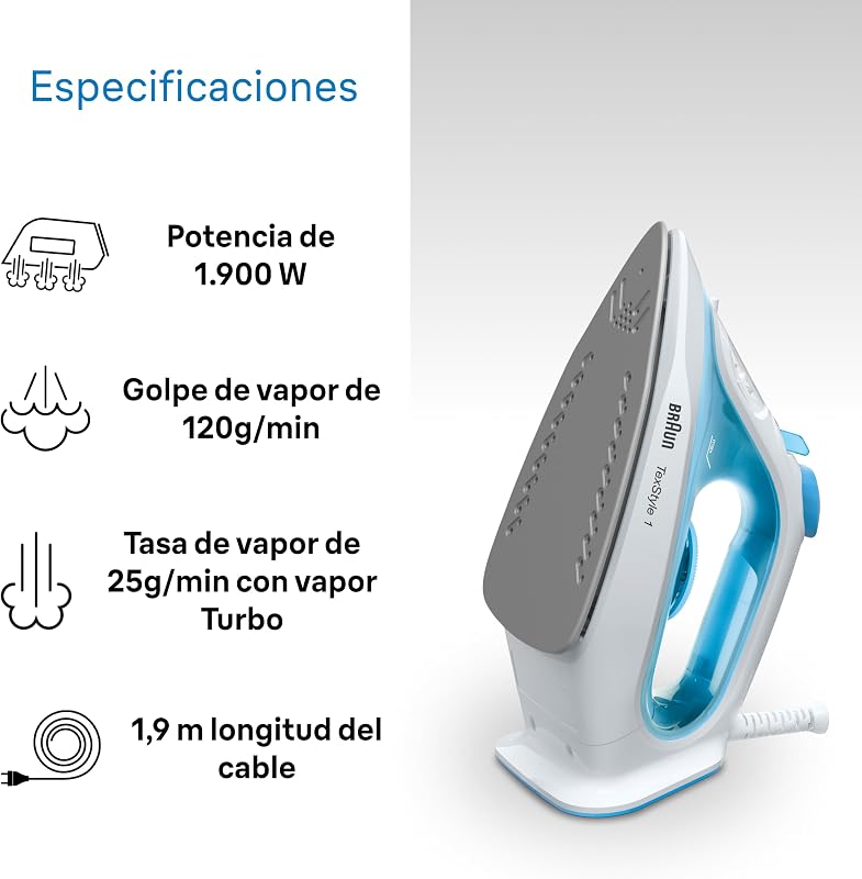 Ferro a vapor TexStyle 1 SI1029BL com sola antiaderente, Steam Shot 120g/min, Sistema Descalcificador, Pulverizador, Aquecimento Rápido (35s), Modo Eco, 220ml, 1900W, Azul Claro