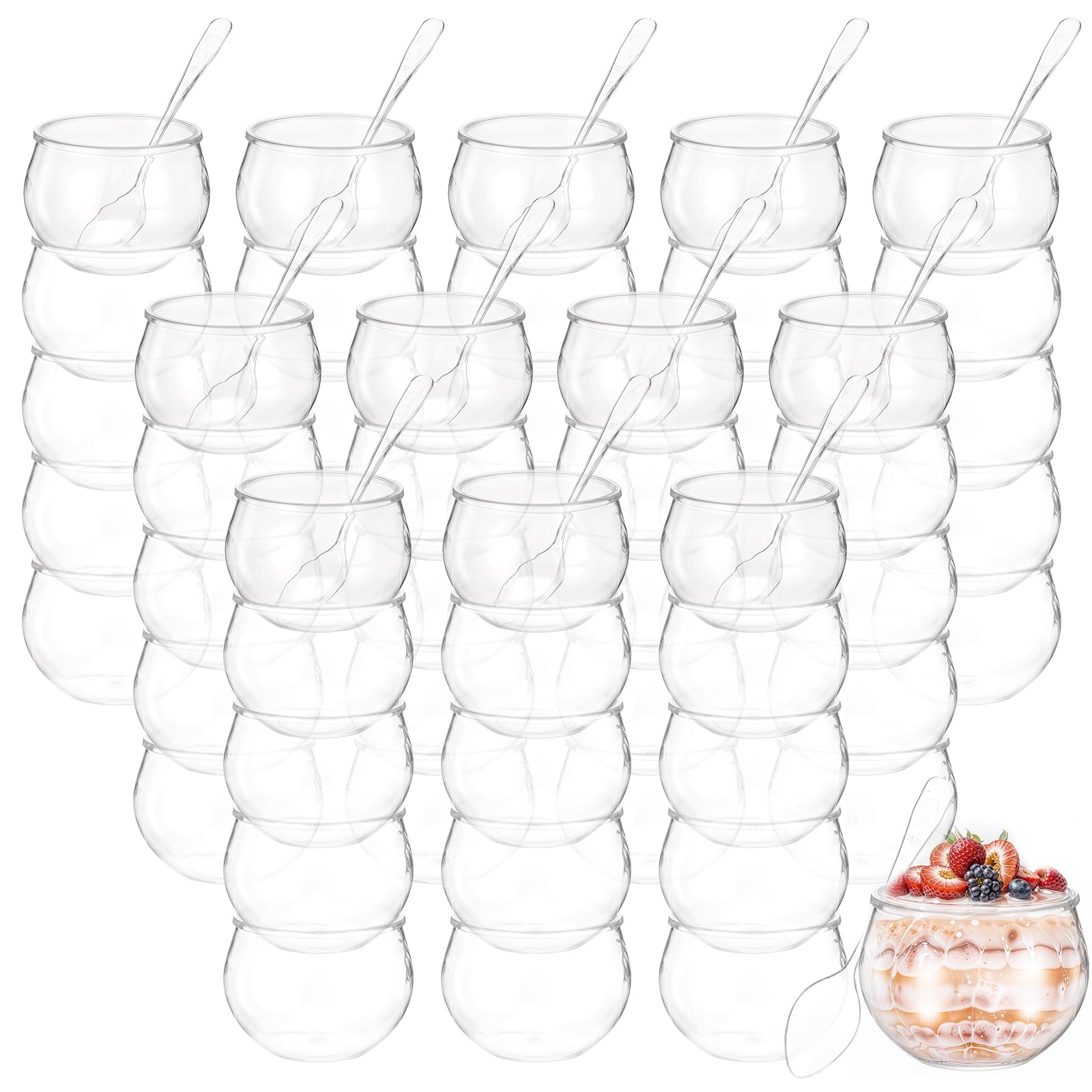 Photo 1 of mekueeex 60 Pcs 2 oz Sphere Plastic Dessert Cups Mini Dessert Cups with Spoons Disposable Round Appetizer Bowls Clear Parfait Bowls Small Plastic Glass for Salad Wedding Event Birthday Party Serving