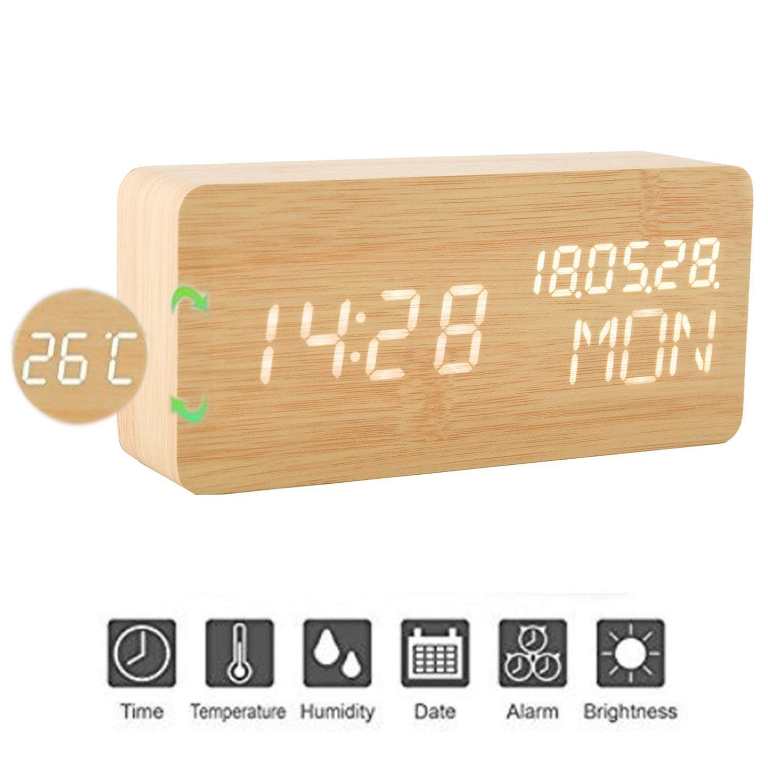 wivarra Réveil en Bois Numérique Réveil LED en Bois Horloge Numérique Activation 3 Niveaux Luminosité 3 Alarmes Afficher Heure Date Semaine Température Alimenté par USB ou Batterie