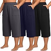 Neer 3 Pack Women Plus Size Capris Cotton Wide Leg Cropped Pants Casual Elastic Waist Loose Fit Lounge Sweatpants with Pocket