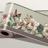 IOHEFY Beige Floral Wallpaper Border 196x4 Inch Peel and Stick Wall Border Self Adhesive Vintage Flowers with Butterfly Removable Vinyl Trim for Living Room Bedroom Bathroom Kitchen Decor