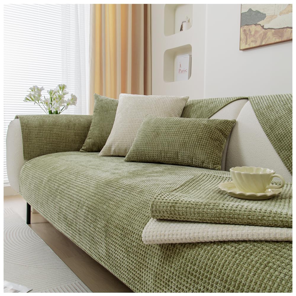 NUODWELL Soft Chenille Sofa Cover 1/2/3/4 Seater, Universal Non-Slip L Shape Couch Cover, Thick Sofa Protector Quilted Corner Slipcovers Washable for Living Room (Green-B, 90 * 210cm)