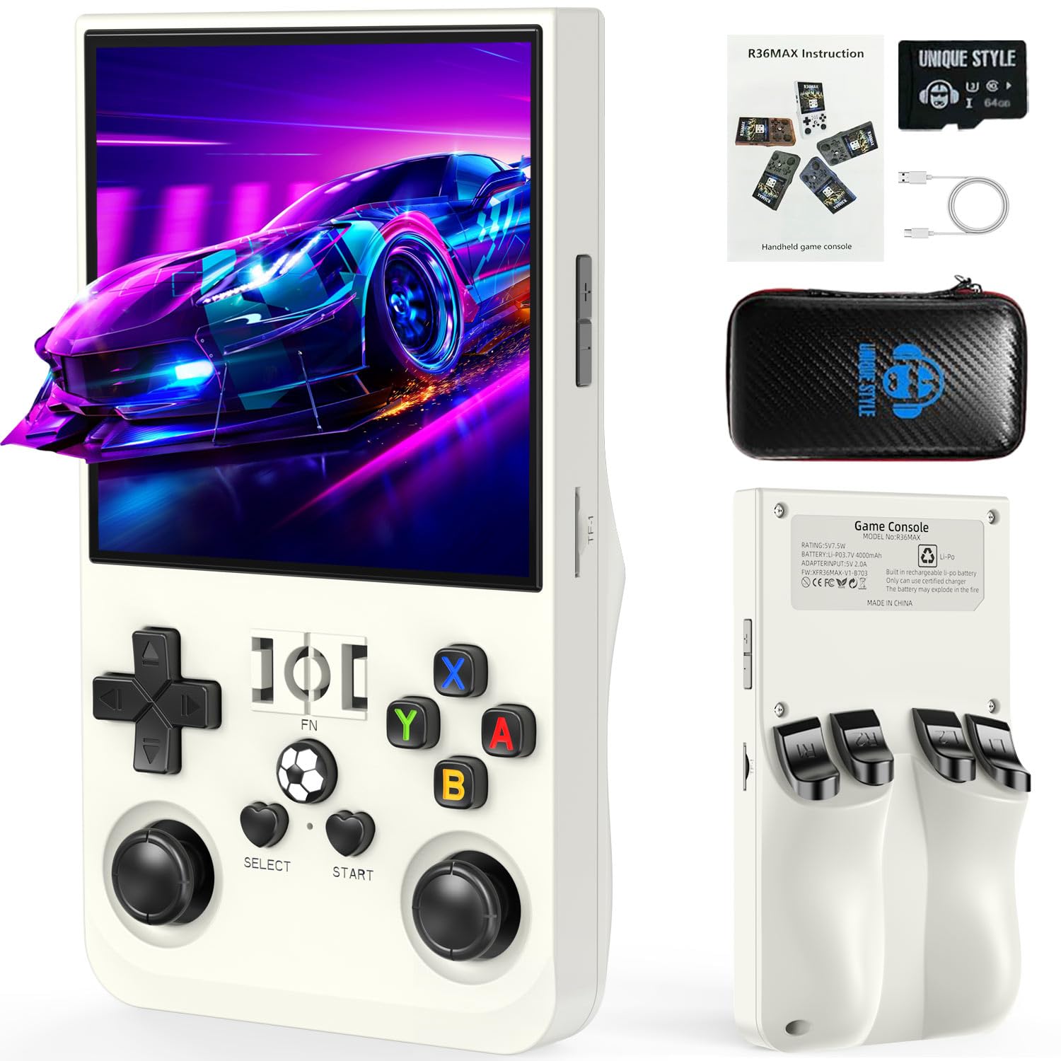 YEQOO R36MAX Retro Handheld Game Console, 4.0 Inch IPS HD Screen Portable Retro Gaming Console, 1.5GHz CPU Support 30+ Emulator Console Video Game Console, 4000mAh Battery (64GB White)