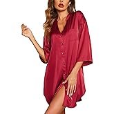 Ekouaer Satin Nightgowns for Women Silk Sleepwear Button Down Sleepshirt 3/4 Sleeve V-Neck Nightshirts with Pockets