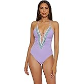 Becca Delilah - Women's Crochet Trim One Piece Swimsuit, Plunge Neck, Bathing Suits for Women