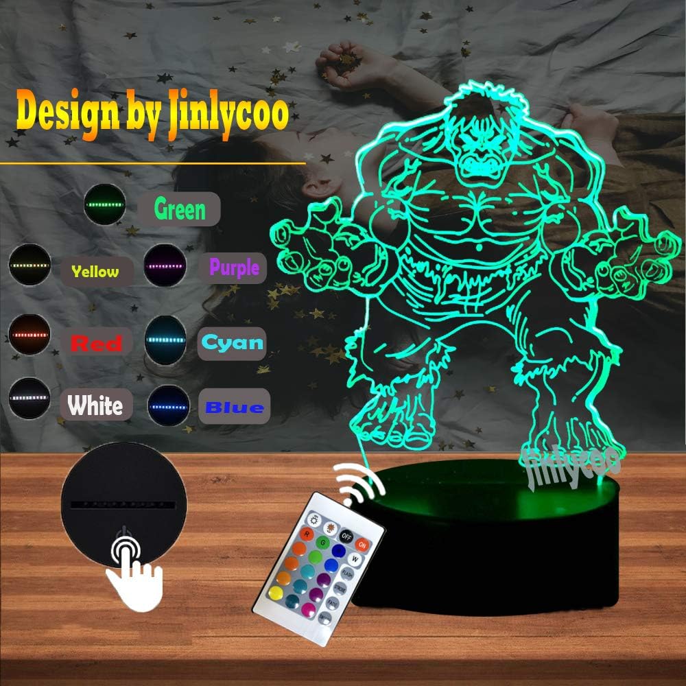 Marvel Hero Hulk 3D Cartoon Shade Switch Light For Boy Bedroom LED Table Lamp Avengers Figure Comic 7 Color USB RC Change Holiday Table Decor Mood Night Light Birthday Xmas Gift Boy Kids Toy(Fat Hulk)