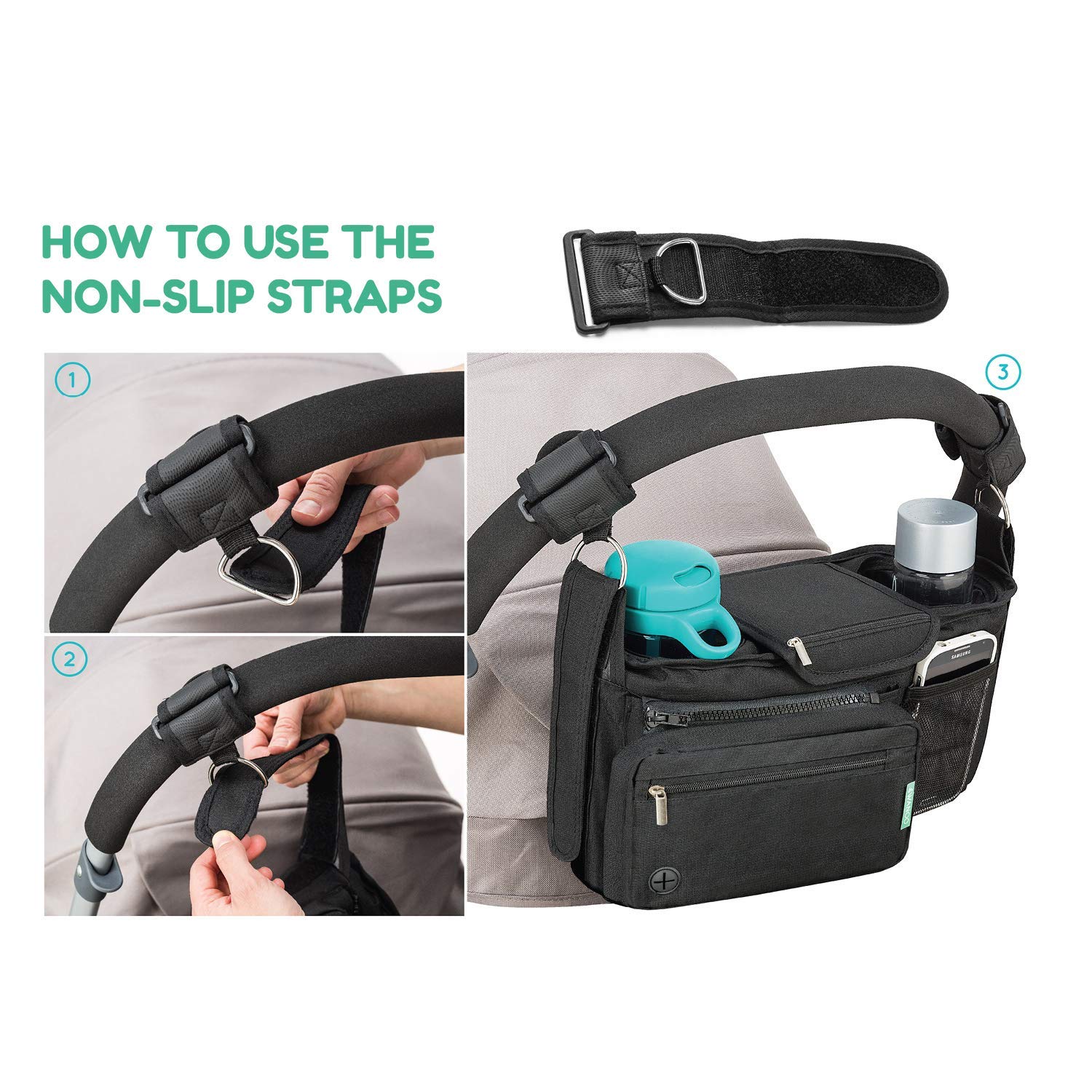 Non-Slip Stroller Organizer With Cup Holders, Exclusive Straps Grip Handlebar. Universal Fit For Uppababy Vista Cruz Nuna Baby Jogger Bob Britax Bugaboo Graco Stroller Accessories Caddy Parent Console : Baby