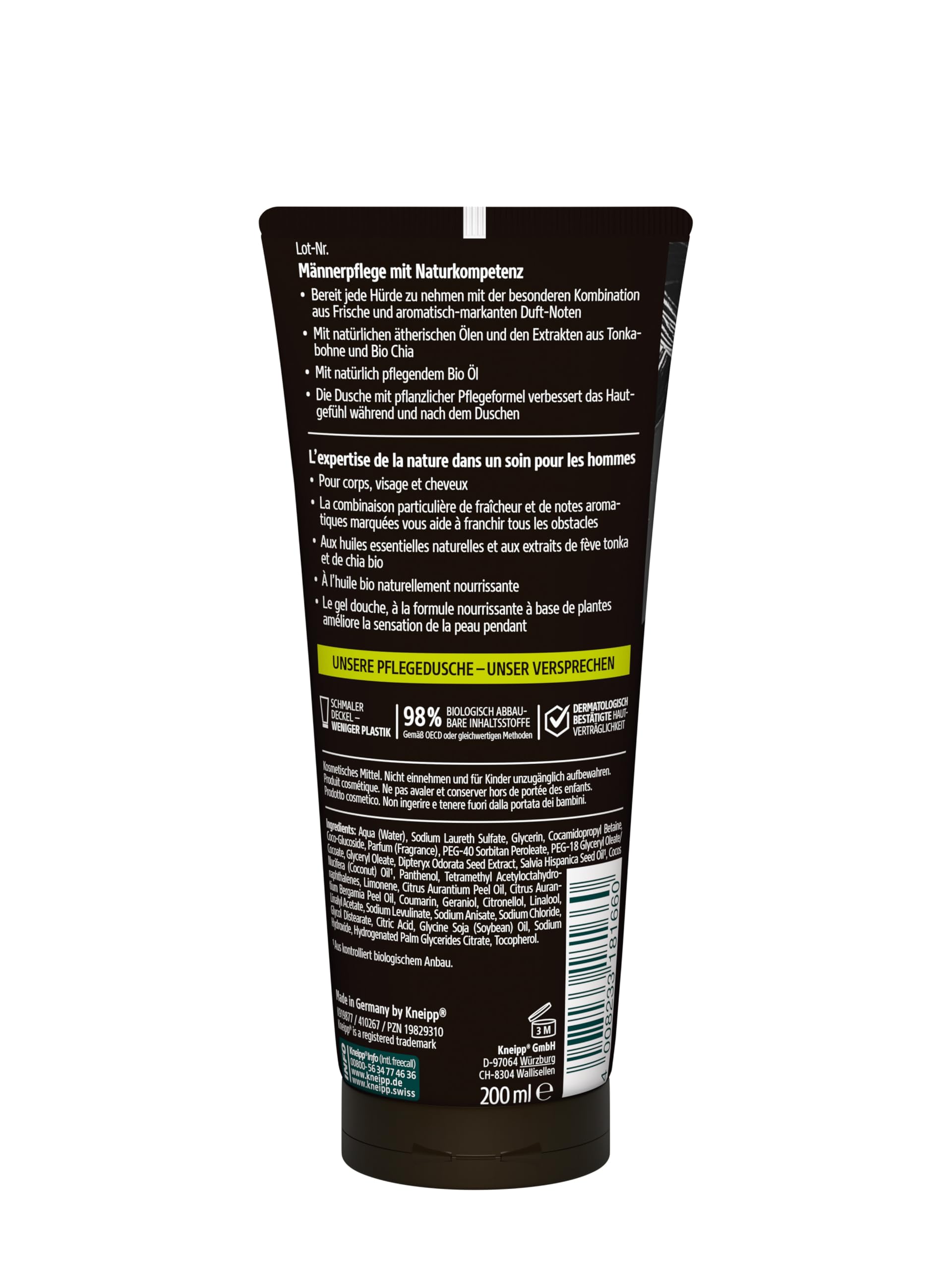 Kneipp MEN 3 in 1 Dynamisch Pflegedusche - Multipack - Mit Extrakten aus Tonkabohne und Bio Chia - Duschgel für Haut, Haar & Gesicht - 6 x 200ml 3