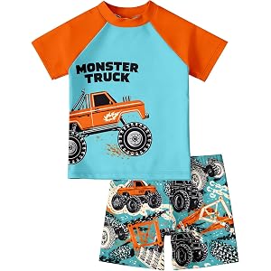 Toddler Boys 2 Piece Swimsuit, Cartoon Excavator Print Trendy Cute Bathing Suit for Little Kids Boys Swimwear