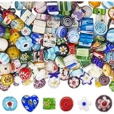 PONABEADIY 1 Box 6 Styles 180PCS Mixed Millefiori Handmade Lampwork Glass Beads with Holes Assorted Flower Heart Flat Round Shape Cube Loose Charms Bead for Jewelry Making Bracelets DIY Craft Supply