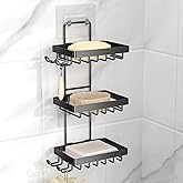 Moforoco 3-Tier Black Soap Bar Holder for Shower, No Drilling, 304 Stainless Steel, Wall Mounted Soap Holder with 4 Hooks and Razor Holder, Shower Rack Soap Tray Bar Soap for Bathroom Accessories