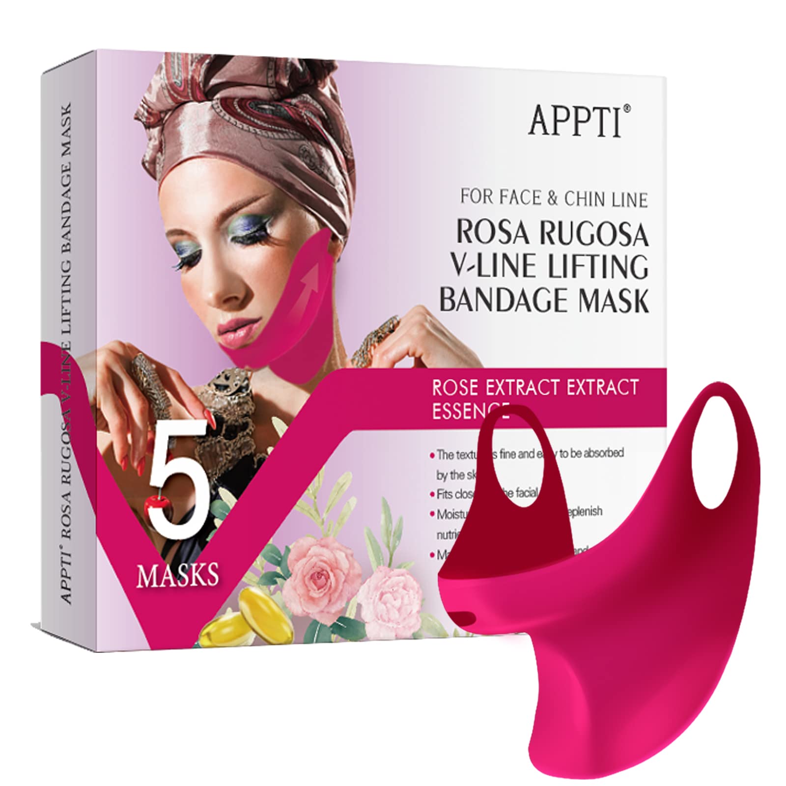 APPTI 5Pcs Rosa V-Line Lifting Bandage Mask, Double Chin Reducer Face Lifting Mask for Women, Cheek & Neck Patch