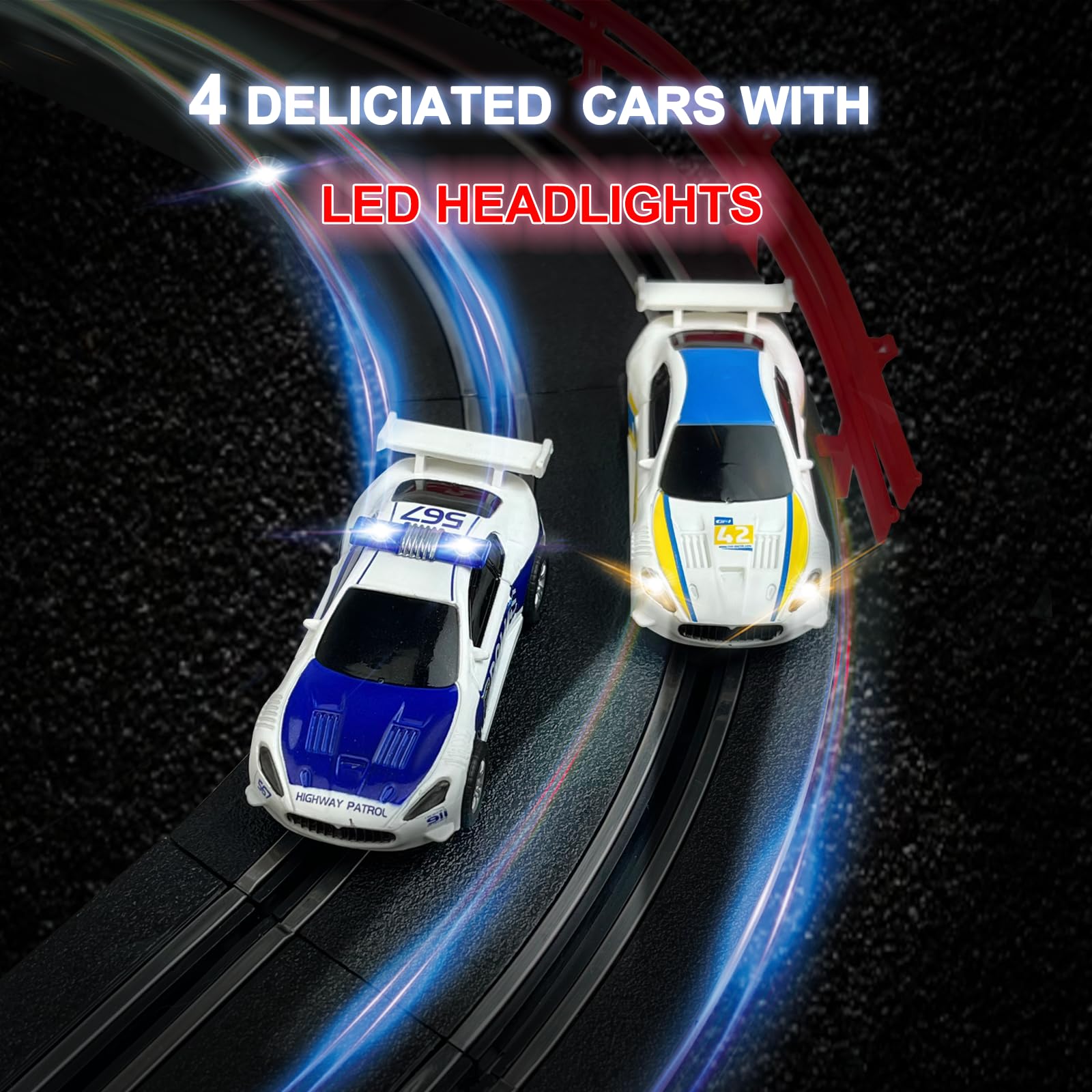 AGM MASETCH Slot Car Racing Track Set with 4 Unique Slot Cars, Battery Powered or Electric Car Track, Gift Toys for Boys Girls 4-12 Years Old