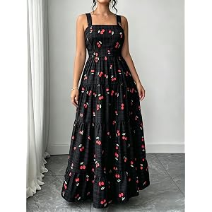 Women's Green Plaid Cherry Print Dress, Square Neck Sleeveless Tiered Maxi Dress