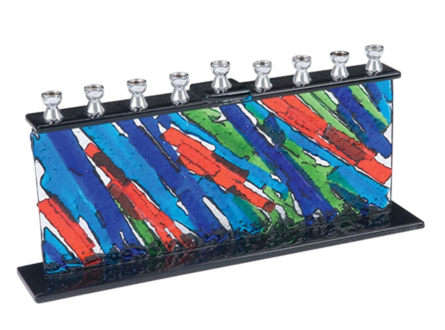 Quality Judaica Modern Fused Glass Menorah, MultiColored