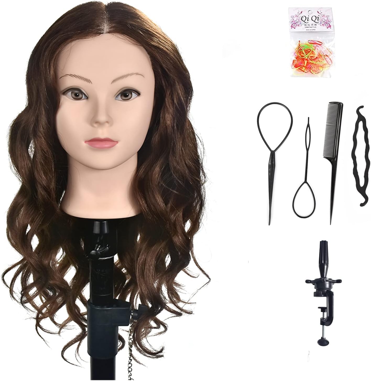 20"- 22" Training Head 100% Real Hair Mannequin Head Manikin Doll Head Hair Styling Head with Free Clamp + Braid Sets
