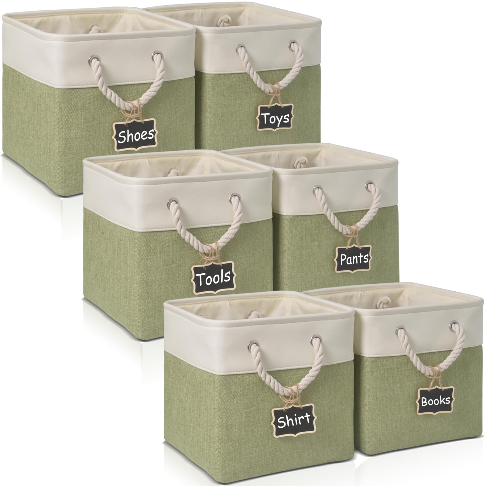 Photo 1 of 12 inch storage bins[6 Pack],Cube Storage Organizer Bins with Rope Handles, Eco-Friendly Linen Collapsible Organizers for Closet, Nursery, Toys, Office, Bathroom – Dual Color Design.(White&Green)