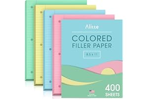 Alitte Colored Loose Leaf Paper, Wide Ruled, 400 Sheets (100/Pack) Filler Paper for Writing Notes - School, College, Office - 3 Hole-Punch Lined Sheets for Ring Binders, Pocket Folders - 8 x 10.5
