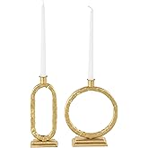 Deco 79 Metal Decorative Candle Holder Tapered Candle Stand with Rectangle Base, Set of 2 Candlestick Holder 10",9" H, Gold